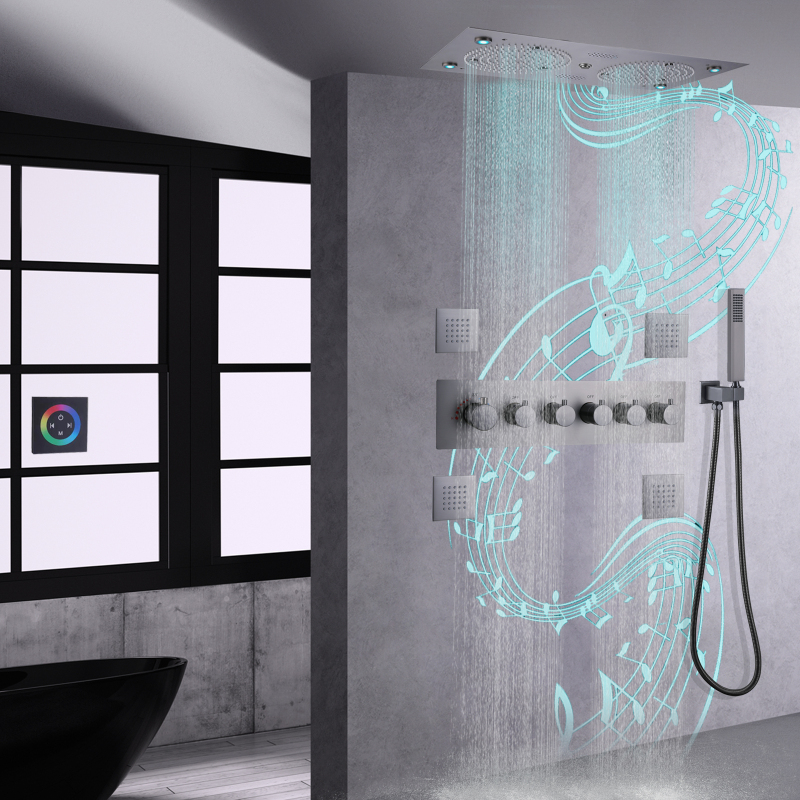 Juego de ducha superior termostática gris pistola 620*320mm LED baño con música ducha multifunción con boquilla de mano