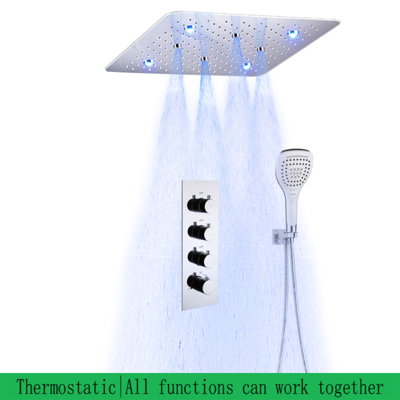 Mezclador de ducha de baño de lujo de 20 pulgadas, juego de ducha con rociador de lluvia cuadrado LED de acero inoxidable 304 SUS, alta calidad