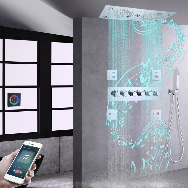 Juego de mezclador termostático de ducha cromado pulido, LED de 620x320mm con funciones musicales, sistema de ducha oculta de lluvia para baño