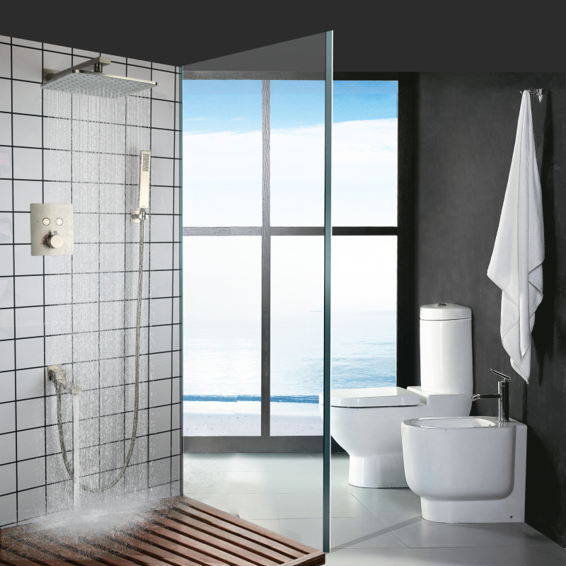 Gran oferta, mezclador termostático de ducha de lluvia de níquel cepillado, conjunto combinado de duchas de baño de 10 pulgadas con mano