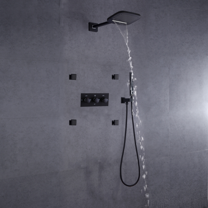 Ducha de lluvia para baño montada en la pared, juego de ducha tipo lluvia en cascada, color negro mate, de mano, de latón frío y caliente