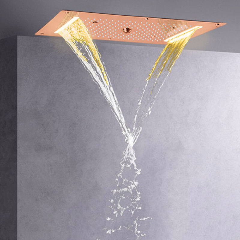 Grifos de ducha de oro rosa 70X38 CM LED baño multifunción cascada lluvia atomizador burbuja Spa ducha
