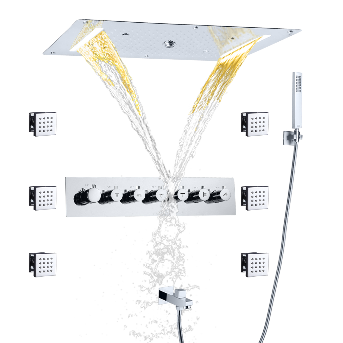 Cromo pulido LED techo oculto cascada ducha mezclador baño termostático niebla lluvia Spa