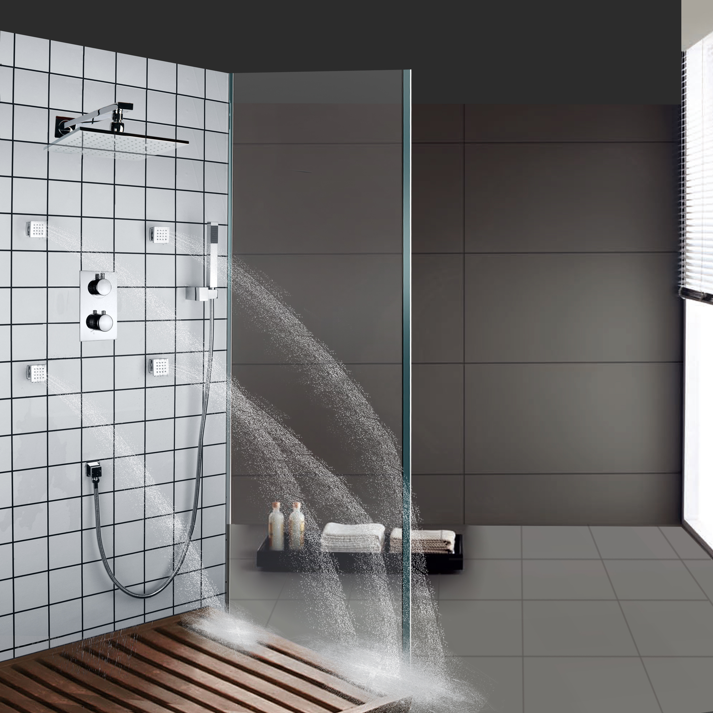 Sistema de ducha pulido cromado, juego de ducha termostática para baño, grifos de ducha tipo lluvia