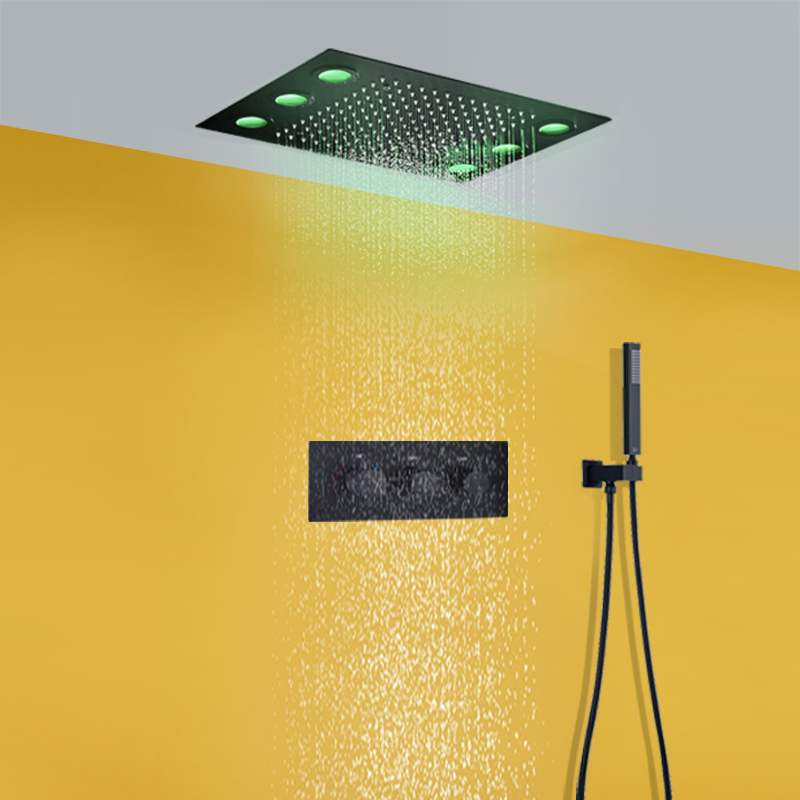 Negro mate 360x500 MM LED techo ducha de lluvia cabezal de ducha empotrado termostático dos funciones juego de mezclador de ducha