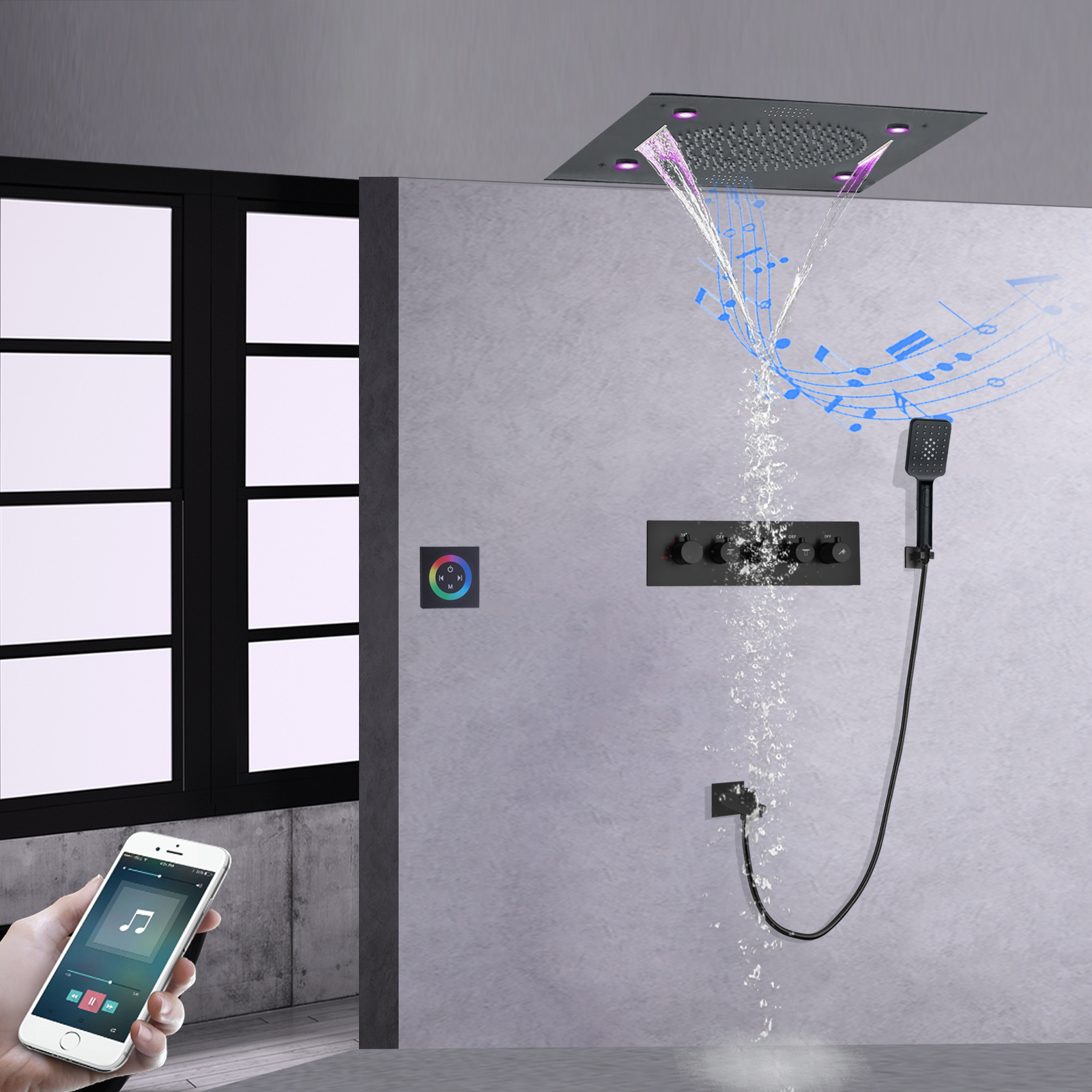 Juego de ducha termostática de 24 pulgadas para baño, techo oculto, lluvia 304sus, cascada, música, cabezal de ducha LED para juego de masaje
