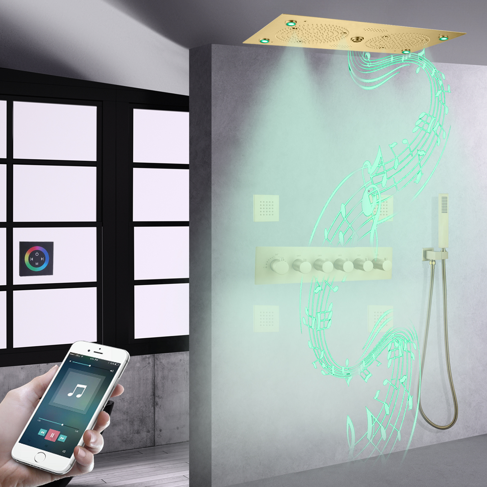 Oro pulido LED termostático baño grifo de ducha música lluvia niebla con juego de ducha de mano
