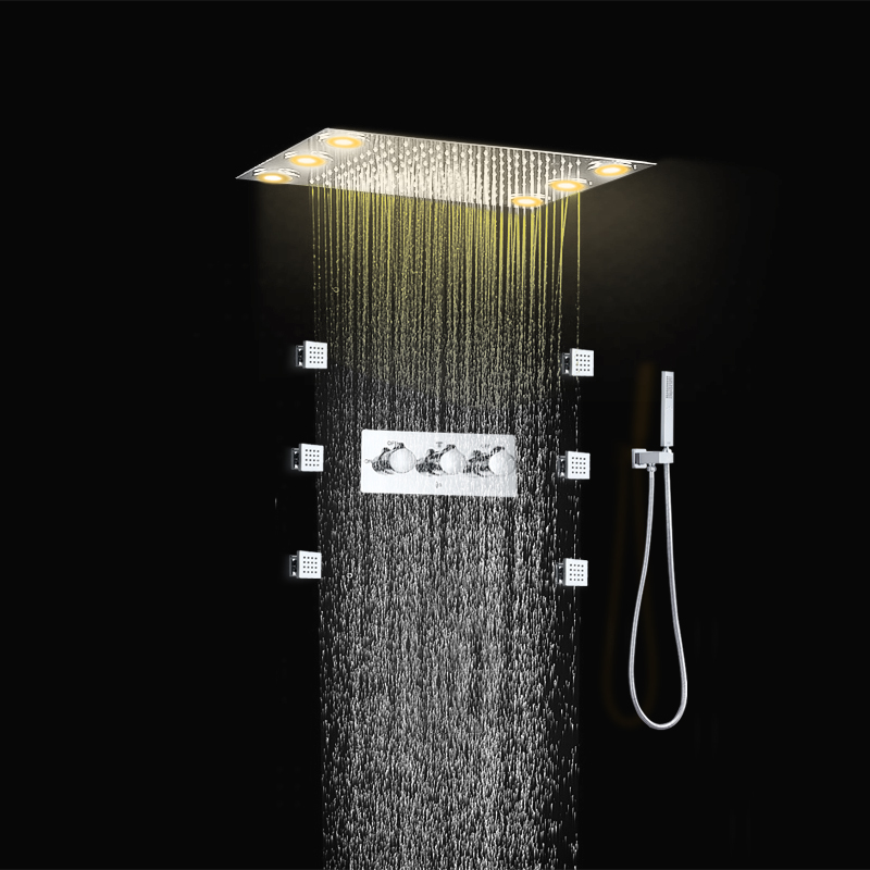 Cabezal de ducha tipo lluvia empotrado, juego de ducha cuadrado led, 6 chorros corporales, accesorios de baño de acero inoxidable 304, ducha de mano