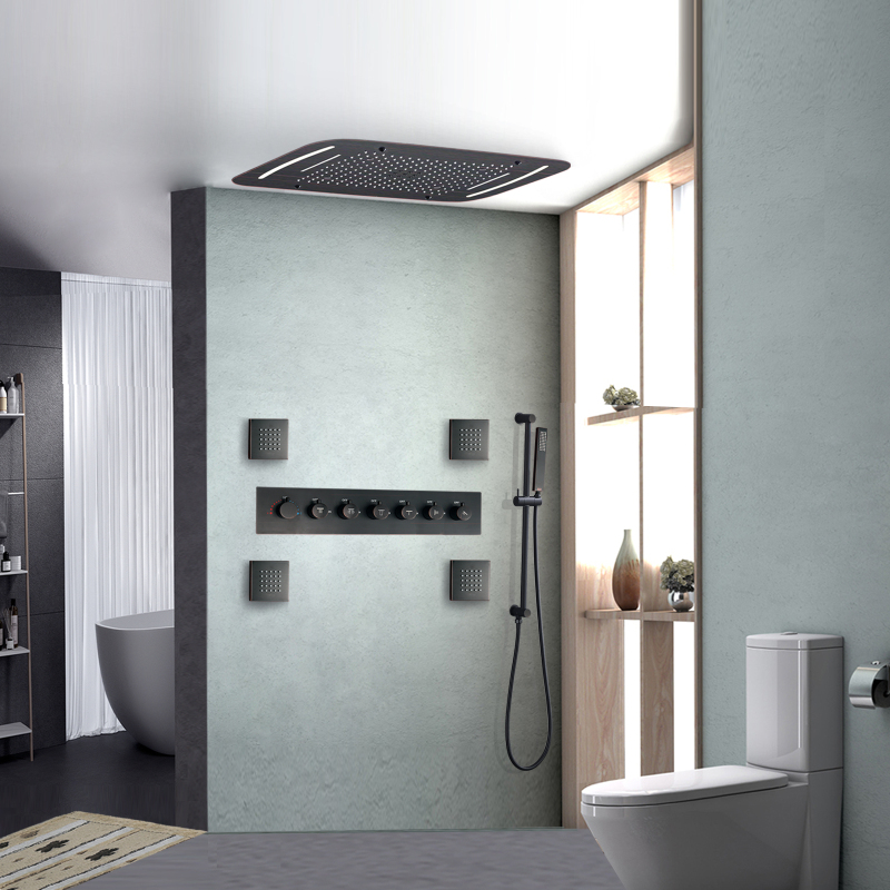 Sistema de ducha termostática de bronce frotado con aceite, juego de ducha multifunción LED para baño de 71x43 CM con panel de Control LED