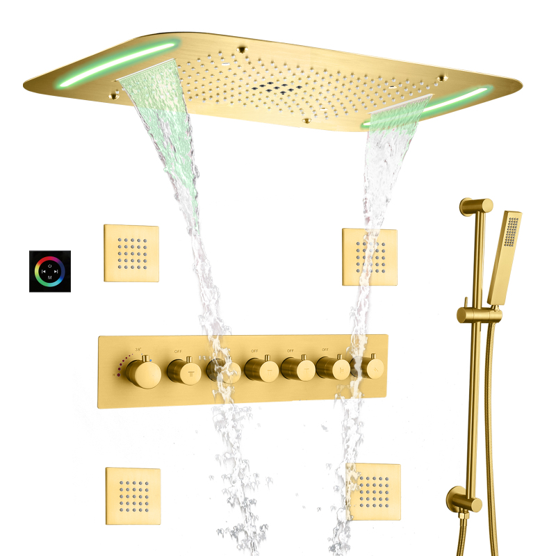 Cabezal de ducha termostático de Oro pulido de lujo, juego de ducha de lluvia en cascada multifunción LED de 710x430 MM para baño