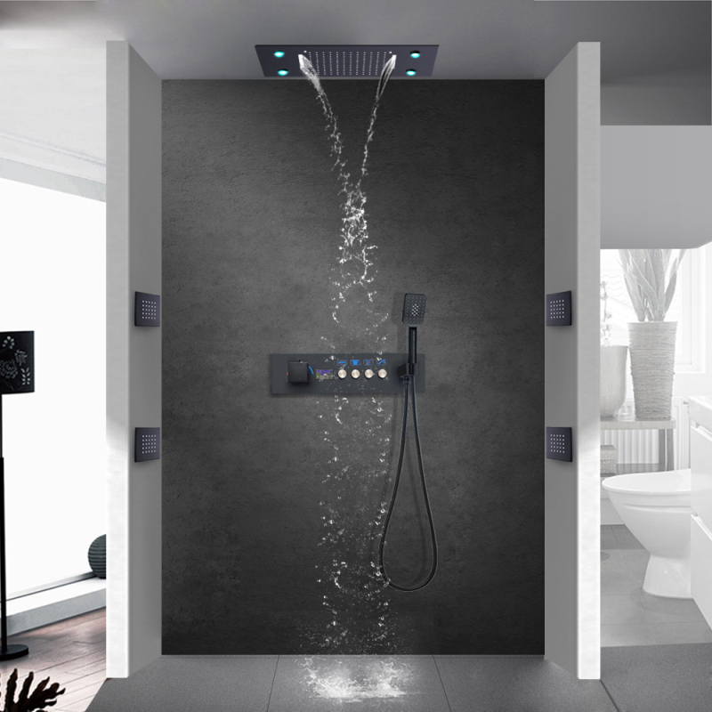 Cabezal de ducha negro mate, ducha de lluvia de acero inoxidable, pantalla Digital montada en el techo, juego de lluvia LED