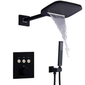 Sistema de ducha termostático negro mate, cabezal de ducha tipo cascada y lluvia, todas las funciones se pueden trabajar juntas