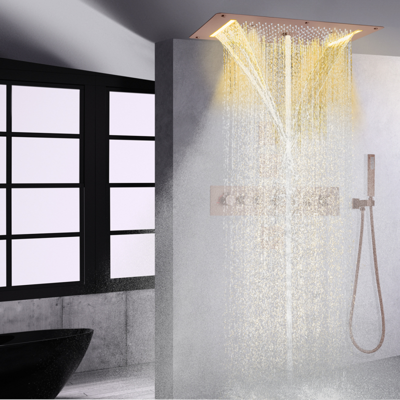 Juego de Grifo de ducha de baño termostático, cabezal de ducha de lluvia con burbujas en aerosol de cascada de 700x380 MM con mano