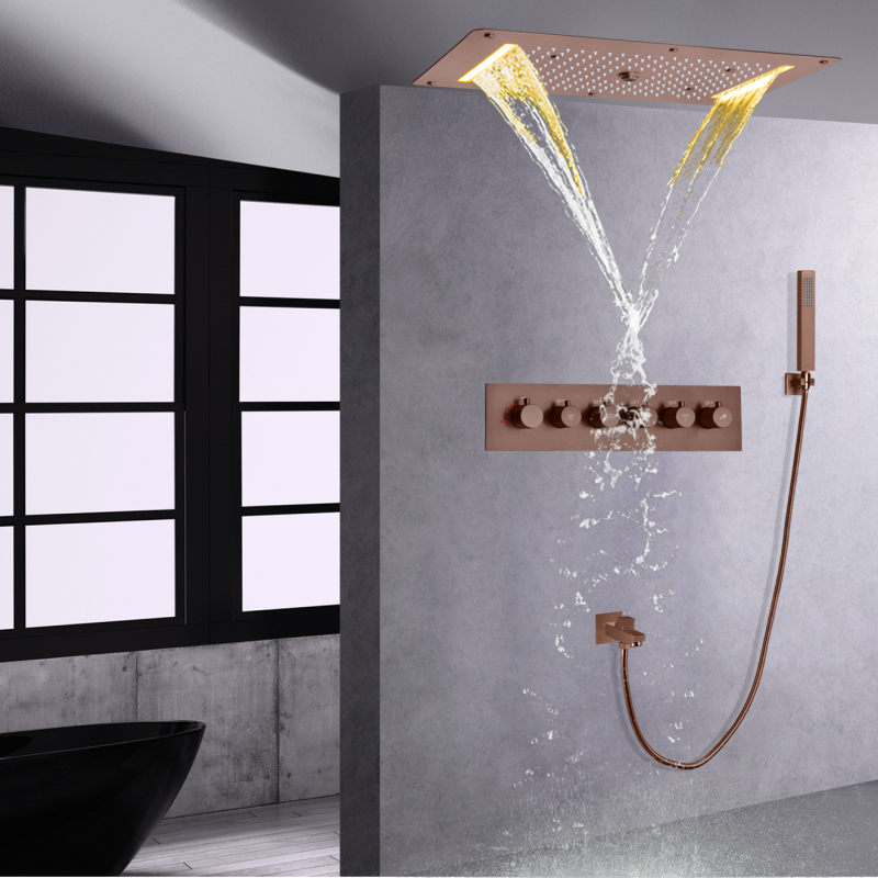 Juego de ducha marrón, baño de pared, termostático, LED, lluvia, cascada, ducha superior con sujeción de mano