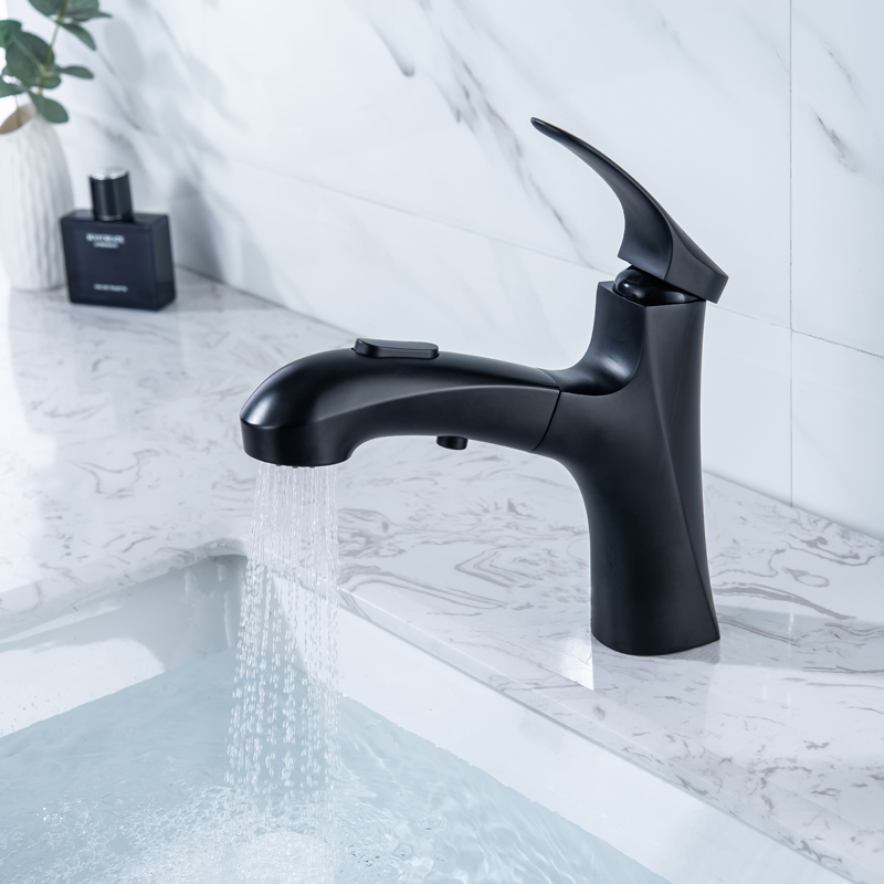 Grifo de lavabo de baño contemporáneo, manija única, negro mate, cabezal doble con funciones de agua