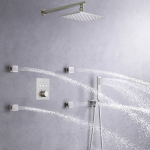 Juego de grifo termostático oculto para baño y ducha, cabezal de ducha de lluvia LED de lujo de níquel cepillado de 8X12 pulgadas