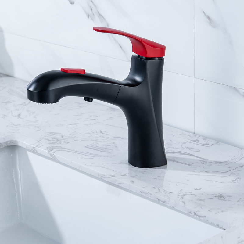 Grifo de baño negro mate, mezclador de lavabo con mango rojo, funciones de agua dobles, mezclador de fregadero contemporáneo