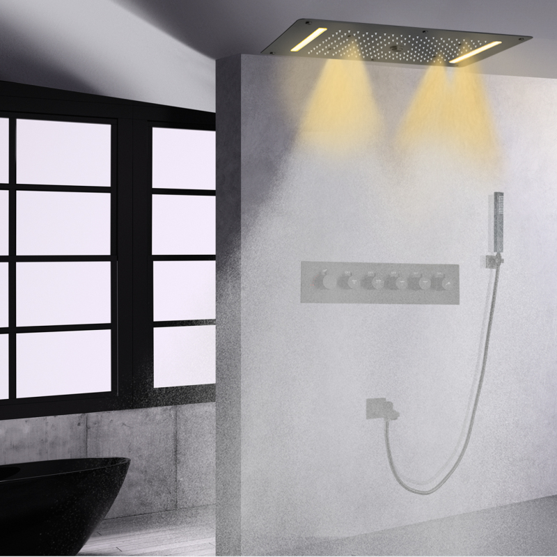 Juego de grifería de ducha termostática para bañera, cabezal de ducha LED negro mate con pulverizador de cascada de 700x380 MM, cabezal de ducha de mano