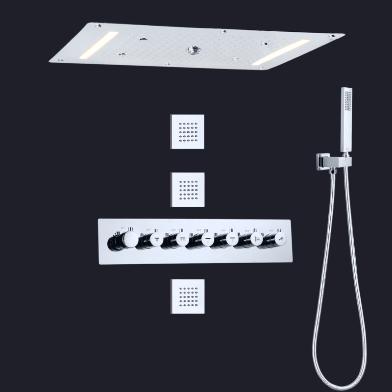 Juego de ducha termostática cromada, sistema combinado de cascada de ducha de alto flujo LED para baño, 700x380 mm
