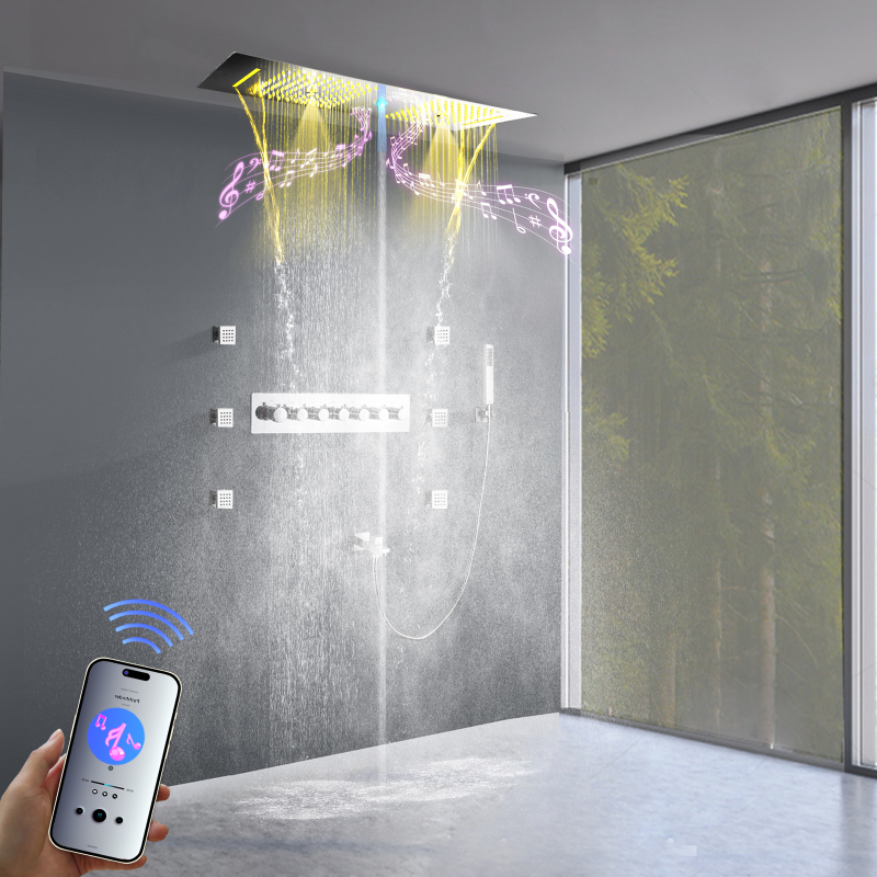Moderno juego de molduras de ducha de lluvia para baño montado en el techo, sistema de grifo de ducha termostático oculto contemporáneo con 6 chorros