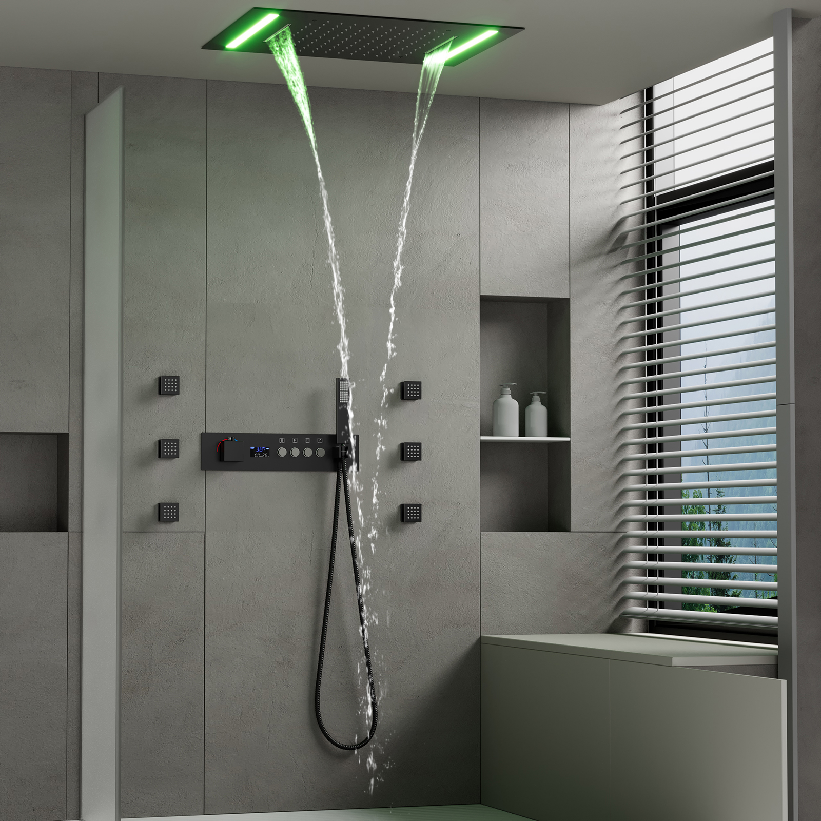Cabezal de ducha LED para baño moderno, ducha de lluvia de 500x360MM, conjunto de válvula de ducha termostática tipo cascada para techo
