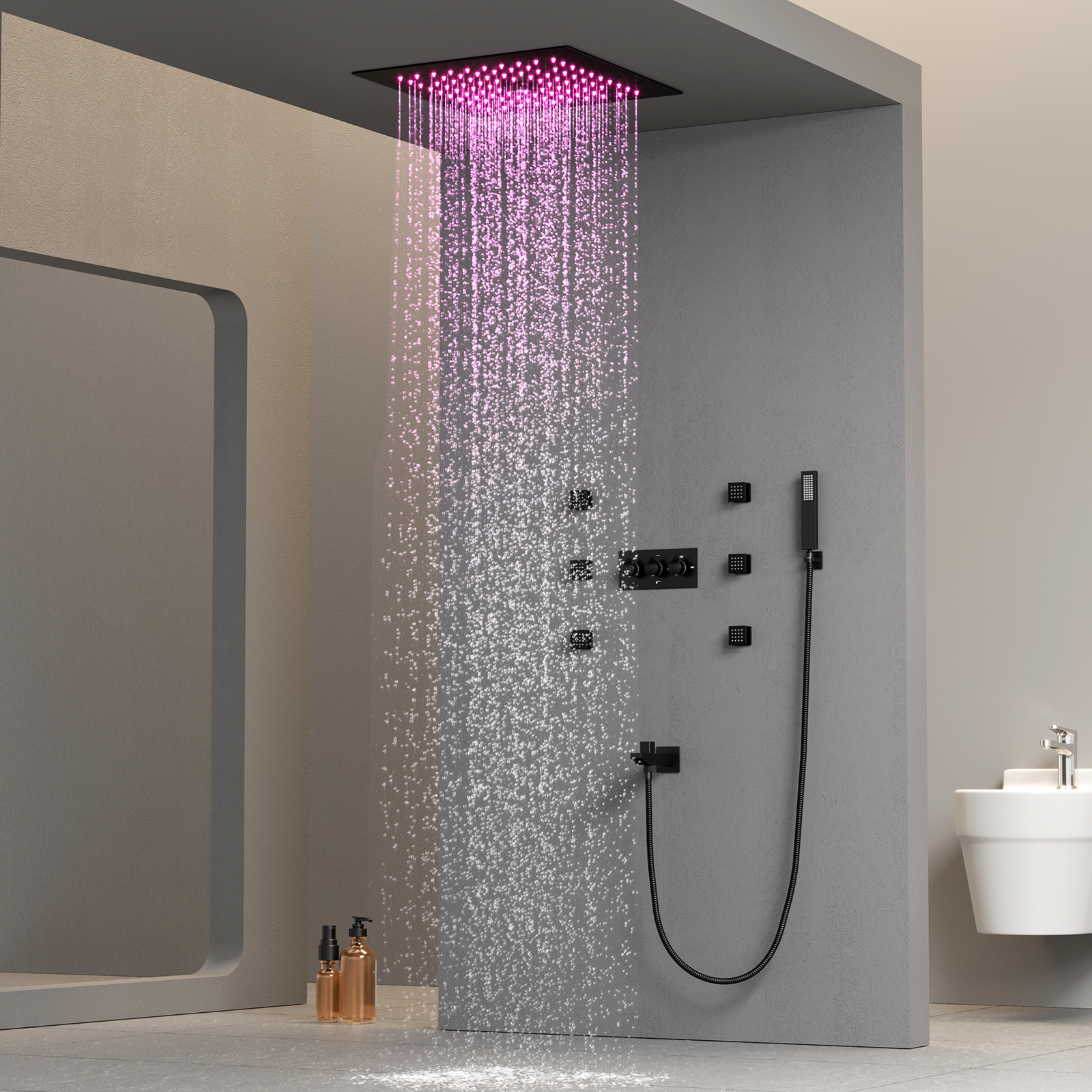 Juego de sistema de ducha con luz LED, cabezal de ducha de lluvia, Válvula mezcladora de ducha de temperatura constante de 300x300mm