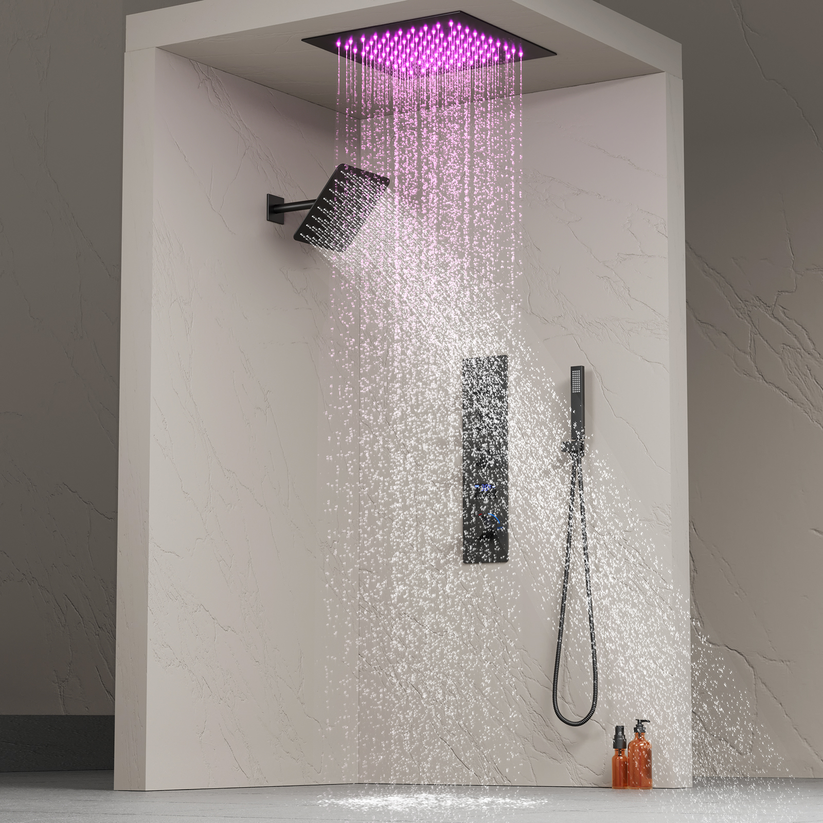 Juego de cabezal de ducha LED negro cuadrado de lujo para baño Sistema de ducha de techo termostático con niebla de lluvia