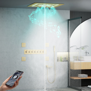 Sistema de Set de ducha de baño de lujo, juego de mezclador de ducha de lluvia de Oro pulido, juego de cabezal de ducha Led de cobre con 6 funciones