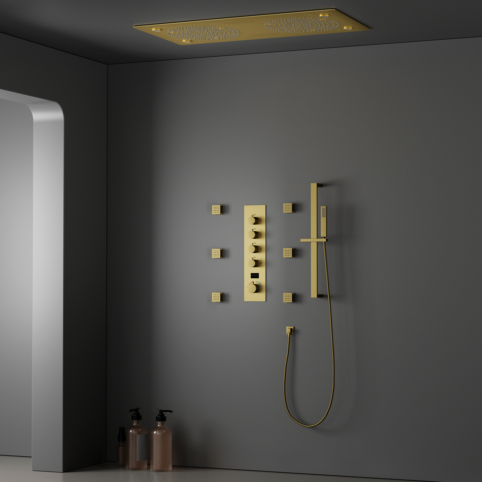 Ducha de lluvia con rociador de techo, cabezal de ducha con música LED, juego dorado, sistema de ducha con termostato de masaje con rociador de lluvia