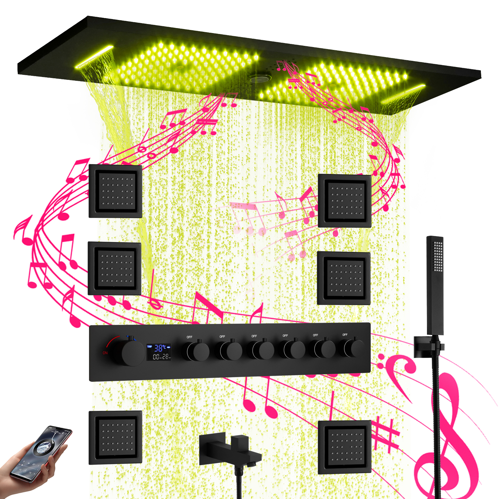 El sistema de válvula de ducha LED con música Bluetooth negro mate de 900X300MM se divide en un juego de ducha oculto