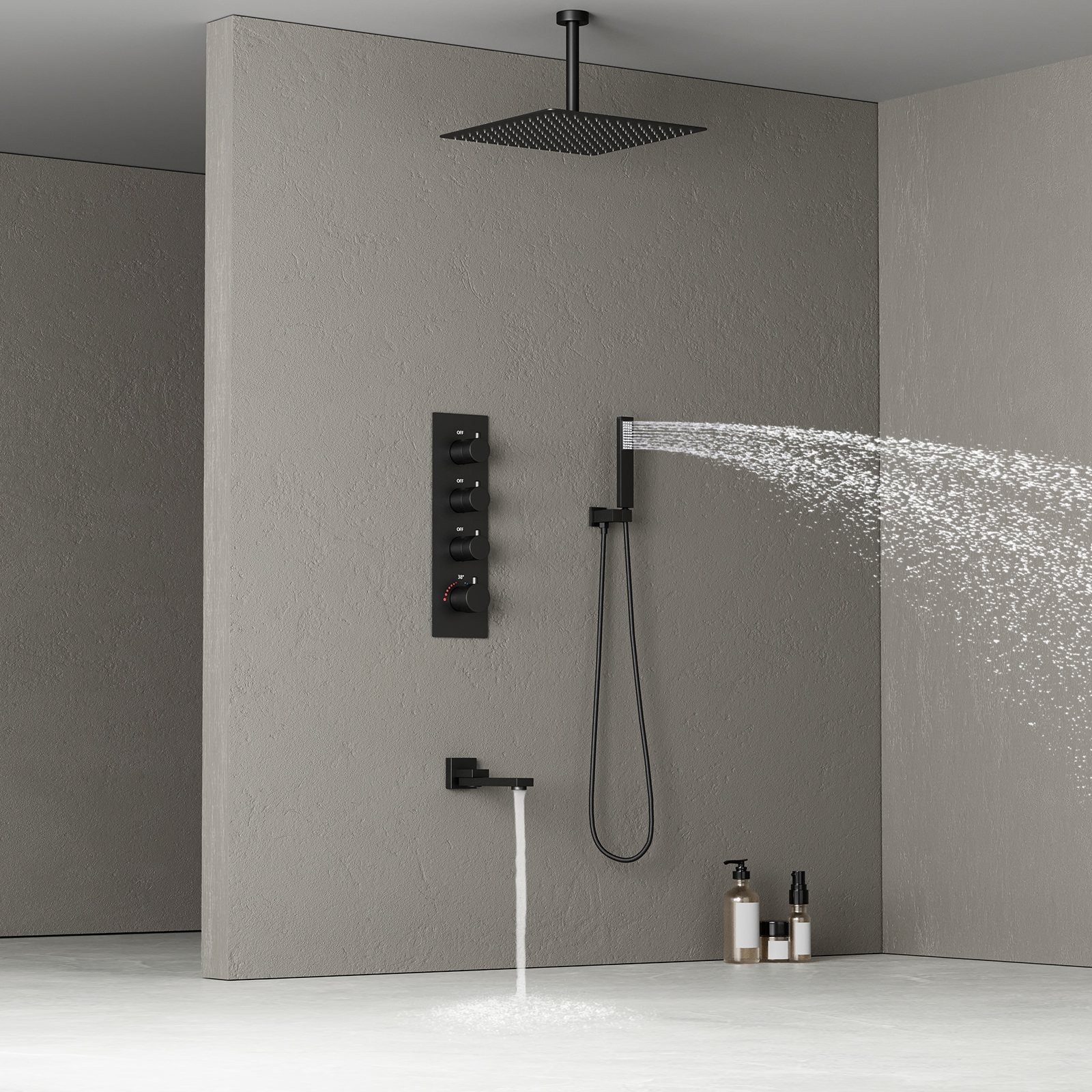 Juego de grifo de ducha termostático inteligente con cabezal de ducha negro para baño