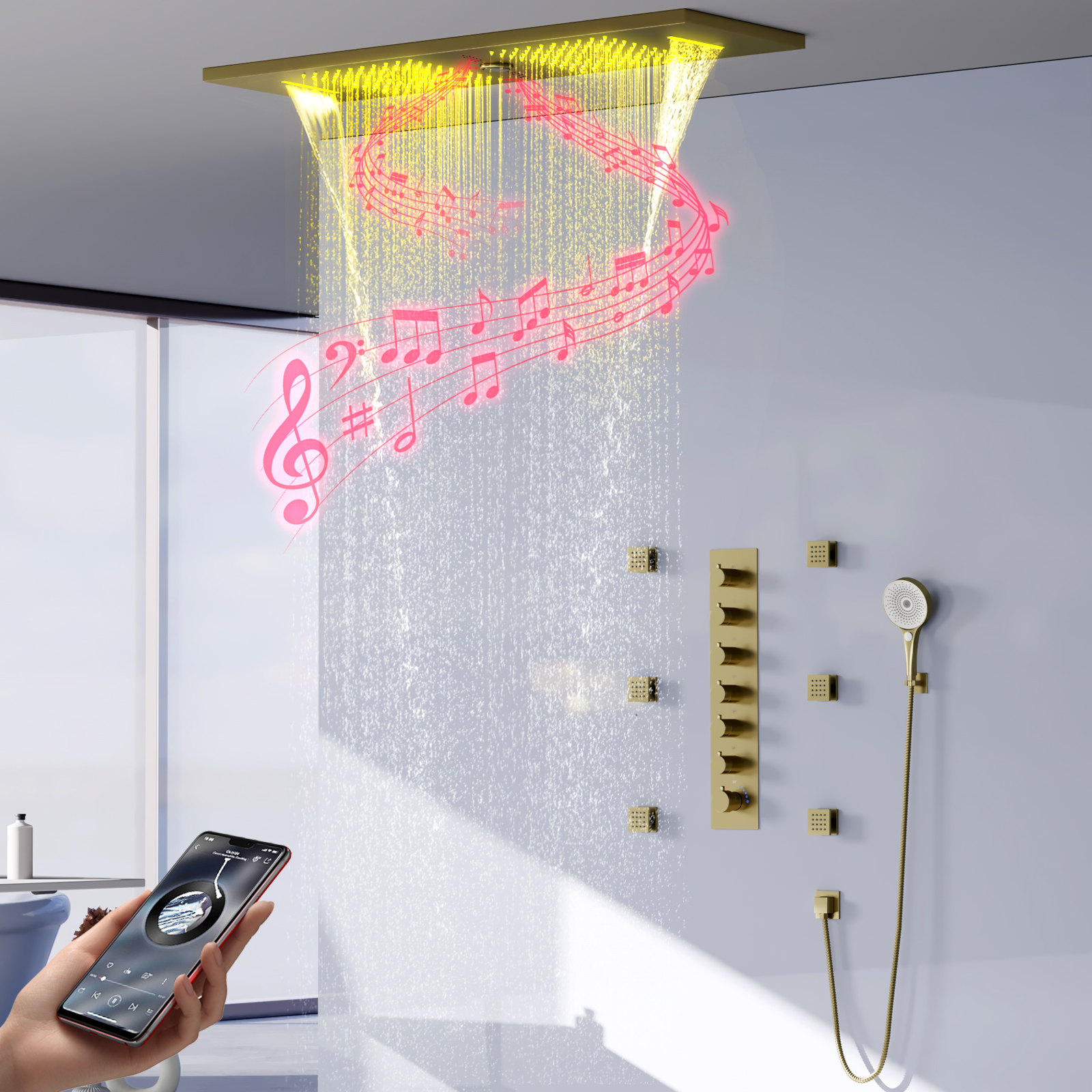 Sistema de cabezal de ducha de Oro pulido LED para baño, sistema de cascada de ducha de lluvia, juego de grifo de ducha termostático