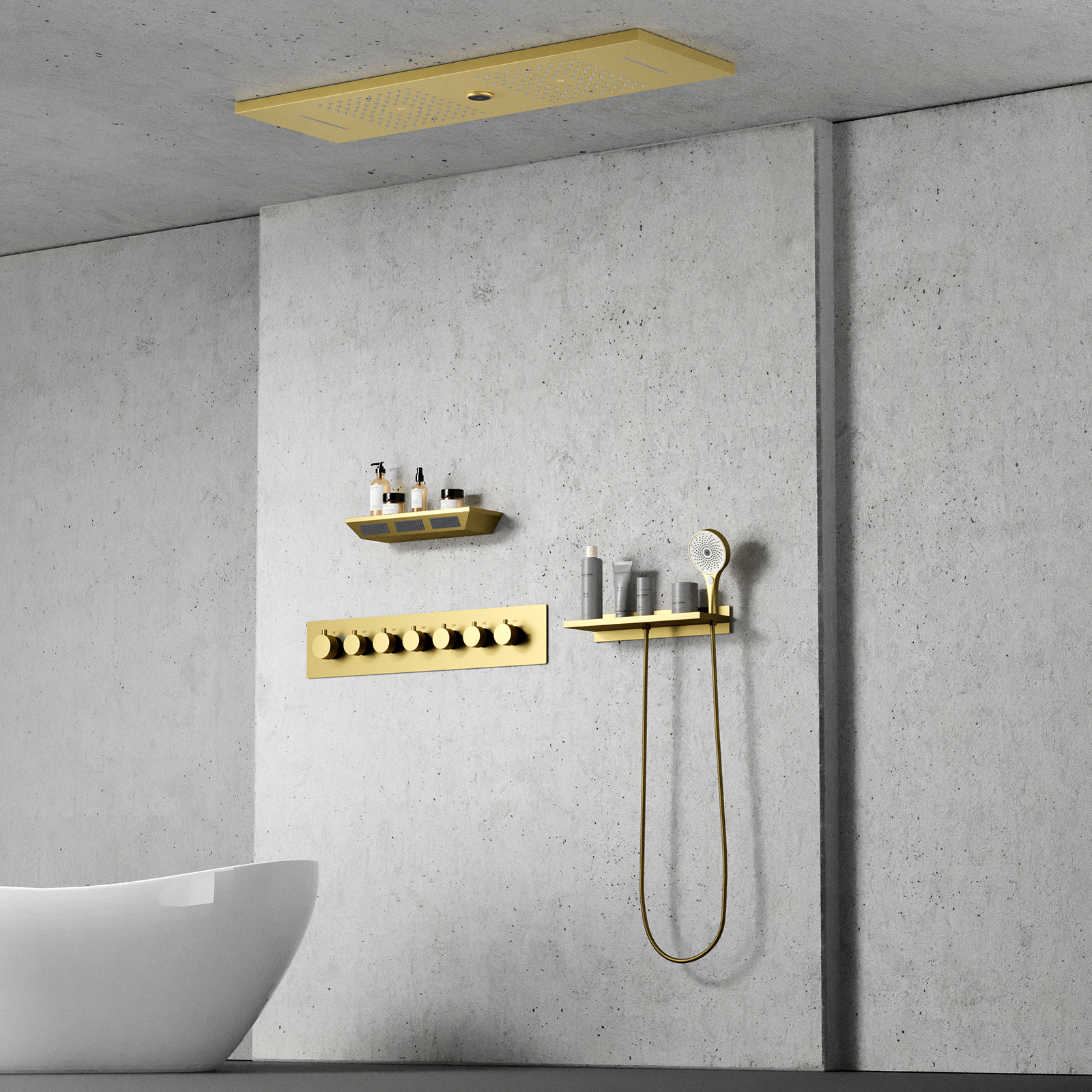 Grifo de ducha termostático de cascada atomizada para baño, cabezal de ducha con cuerpo de ducha y función musical, cabezal de ducha LED de lluvia