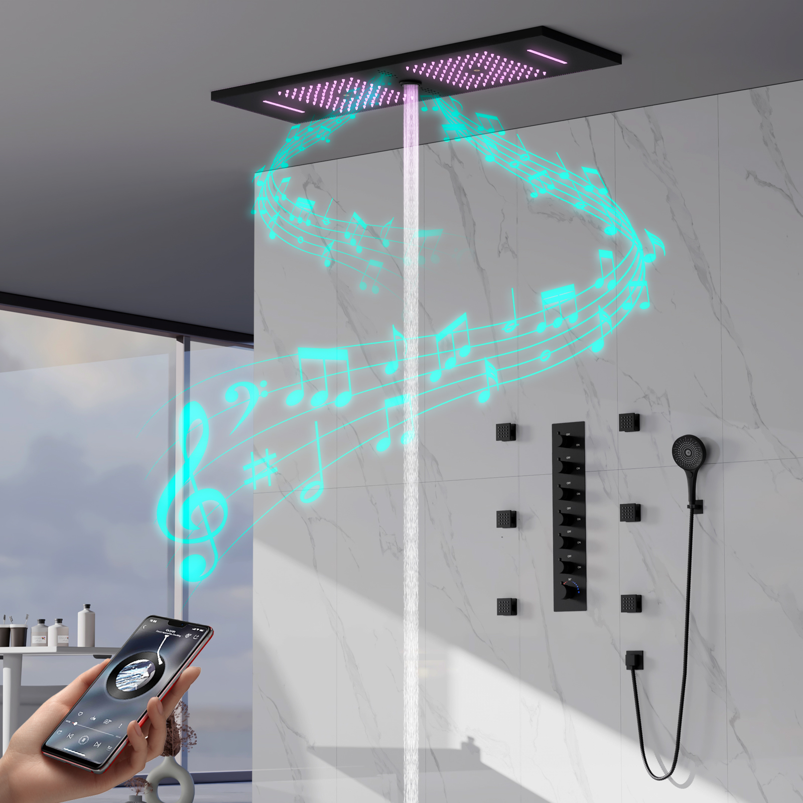 Cabezal de ducha moderno Cabezal de ducha de lluvia LED Cabezal de ducha de lluvia oculto Sistema de ducha musical para baño