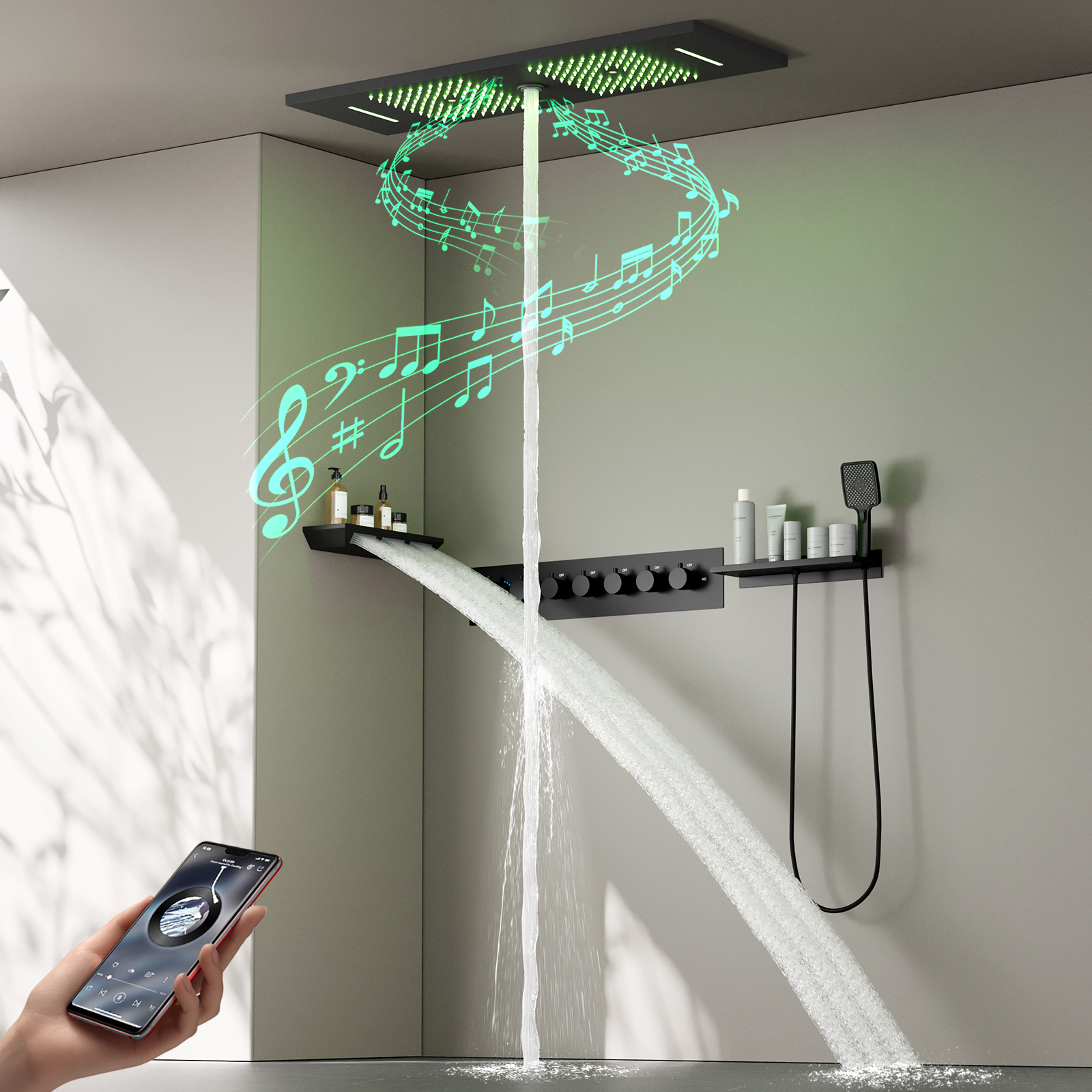 Grifo y válvula de ducha con rociador superior de ducha de lluvia de alta presión con música de latón cuadrado con luz LED de 90x30Cm