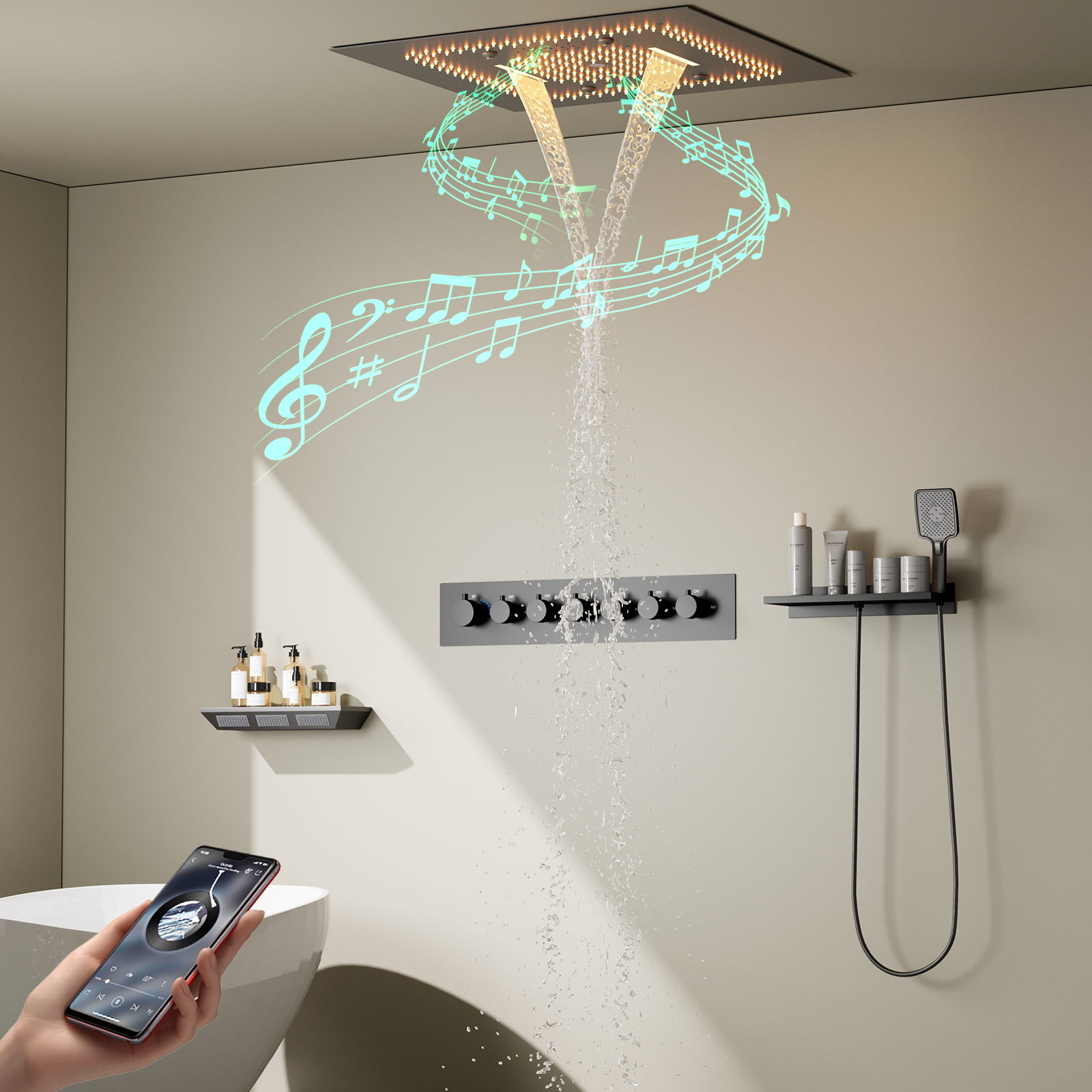 Bañera Spa pistola gris cabezal de ducha LED ducha de lluvia cascada multifuncional empotrado techo música ducha Set