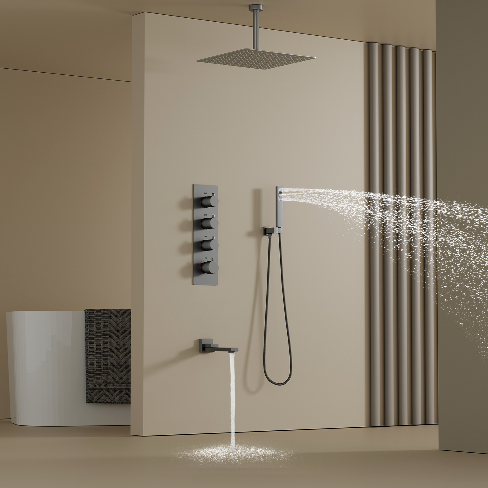 Sistema de ducha de lluvia para baño con 3 funciones, color gris pistola de latón, con cabezal de ducha y juego de manguera