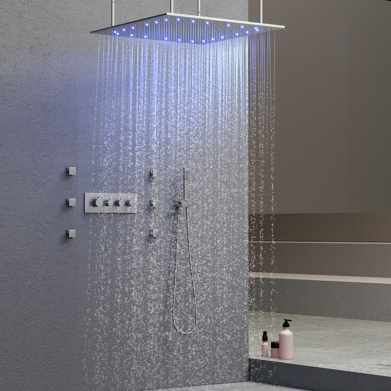 Baño cepillado 3 funciones LED cabezal de ducha ducha de techo Spa ducha grifo válvula
