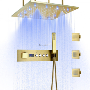 Cabezal de ducha de niebla de lluvia de 16 pulgadas de Oro pulido con pantalla Digital LED mezclador termostático juego de ducha LED oculto