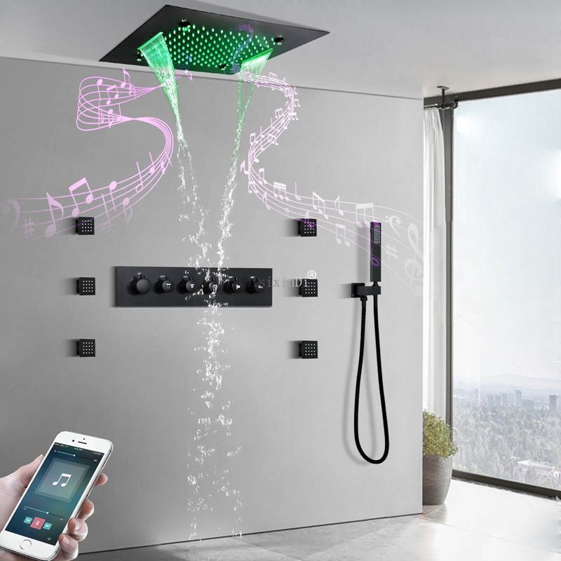 Cabezal de ducha de techo con música LED de 20 pulgadas, lluvia, cascada, niebla, termostático, cuerpo de latón, juego de Grifo de ducha de baño