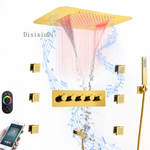 Grifo de ducha termostático LED de cascada de lluvia para baño Ti Gold con cabezal de ducha con función musical y chorro de cuerpo de ducha