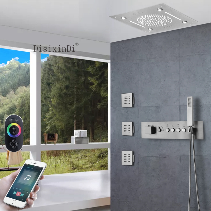 Cabezal de ducha de música LED de acero inoxidable 304, 400x400mm, botón termostático integrado para techo, juego de Grifo de ducha de baño de cuerpo principal