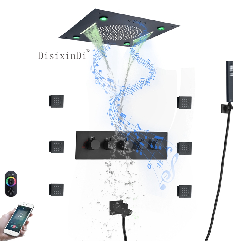 Juego de ducha empotrada en el techo, cabezal de ducha LED de 400x400mm con altavoz musical, Sistema de ducha termostático de chorro corporal de 5x5cm