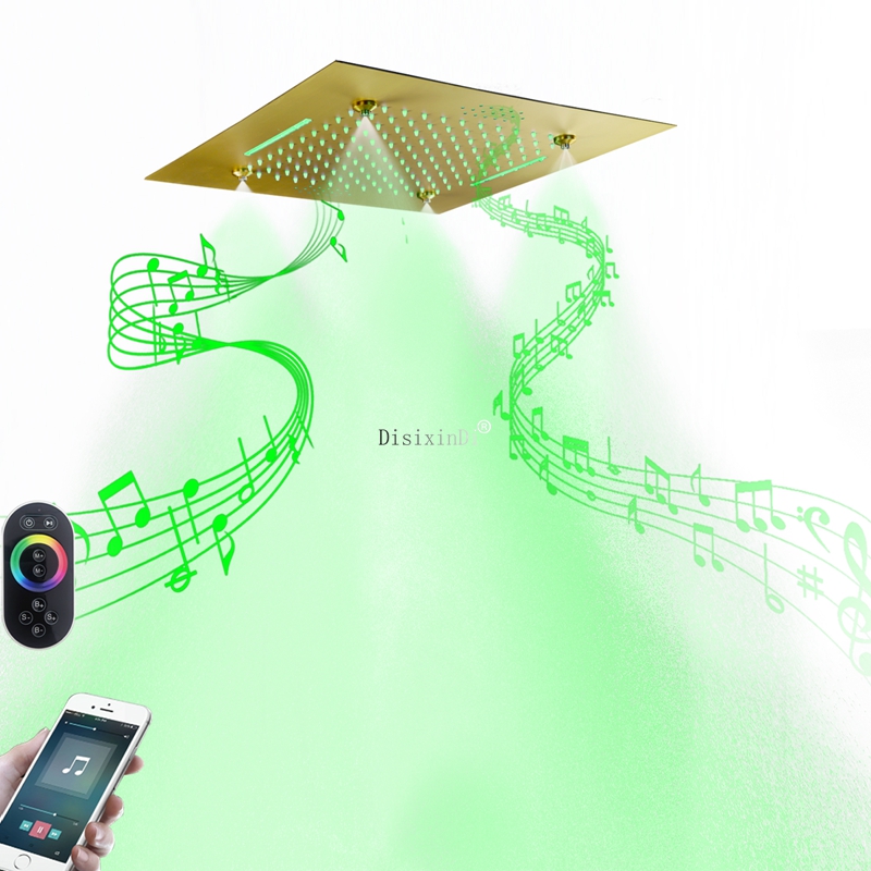 Cabezal de ducha LED de 20 pulgadas de acero inoxidable SUS304 con altavoces musicales, lluvia brumosa y cascada, sistema de ducha integrado en el techo