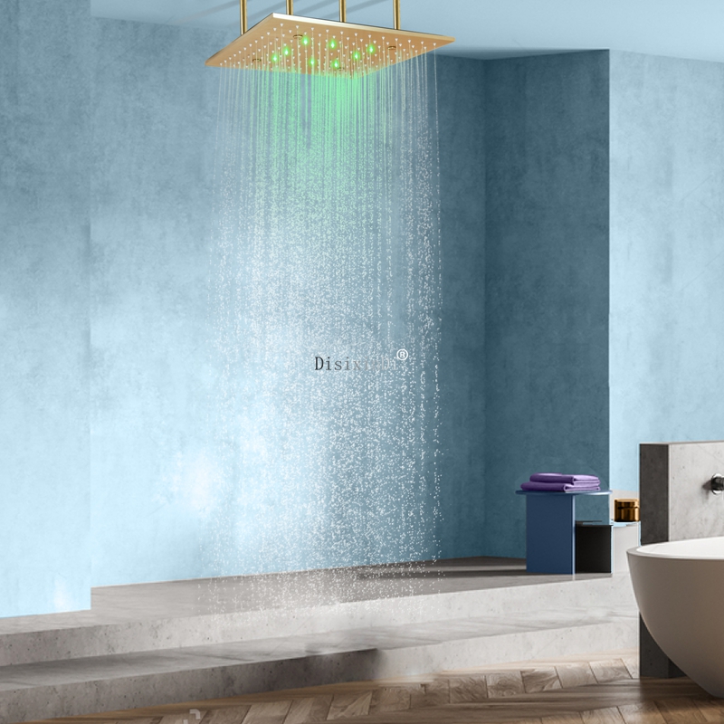 Oro pulido 400x400mm techo niebla lluvia cabezal de ducha LED 304 SUS dos funciones grifo de ducha empotrado para baño