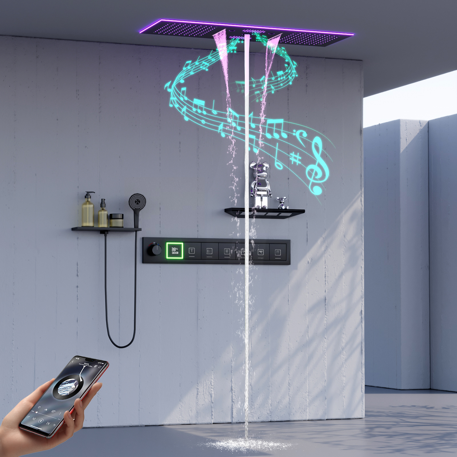 Negro empotrado 36*12 pulgadas música cabezal de ducha LED baño temperatura constante lluvia cascada cabezal de ducha masaje SPA