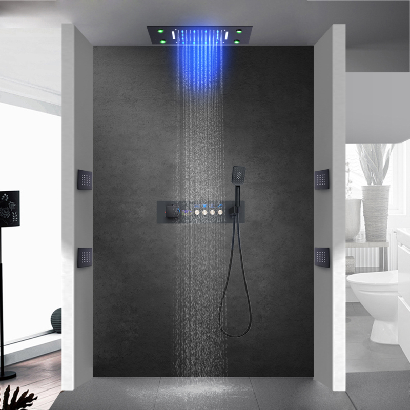 Sistema de ducha de lluvia negro mate, conjunto de ducha termostática con pantalla Digital, cabezal de ducha doble de lluvia LED para baño, 500x360MM