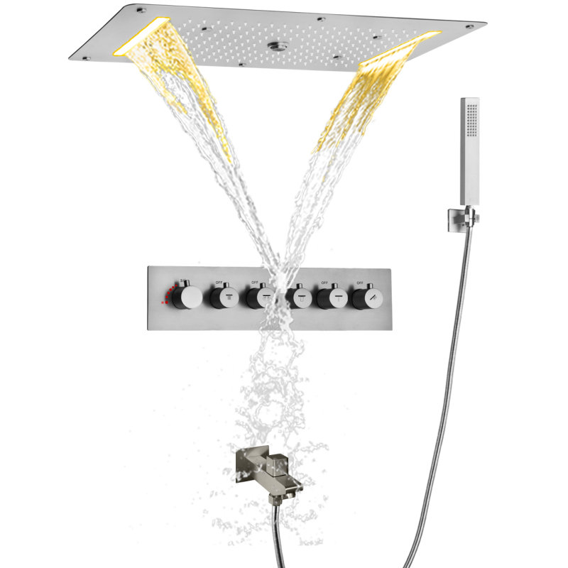 Juego de grifería de ducha termostática de níquel cepillado, sistema de ducha tipo lluvia para baño de 700x380 mm con LED
