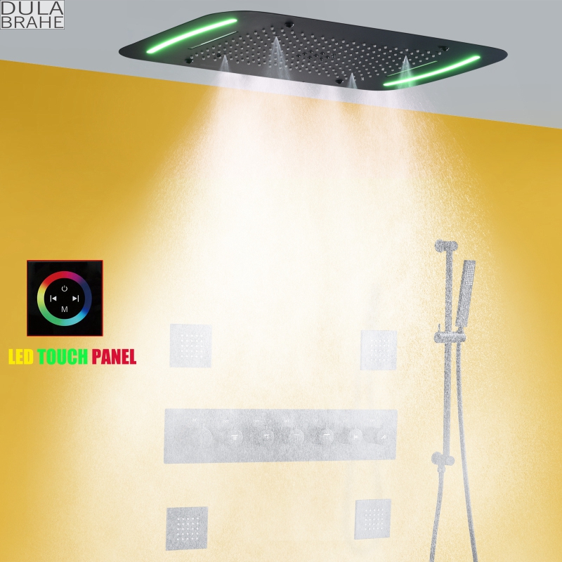 Sistema de ducha LED termostático negro mate, Panel de lluvia de cascada de baño grande de 28x17 pulgadas, masaje con chorro de agua