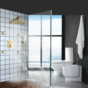 Juego de ducha termostática LED de 3 colores Grifo de ducha de baño de Oro pulido con ducha de masaje con chorros corporales